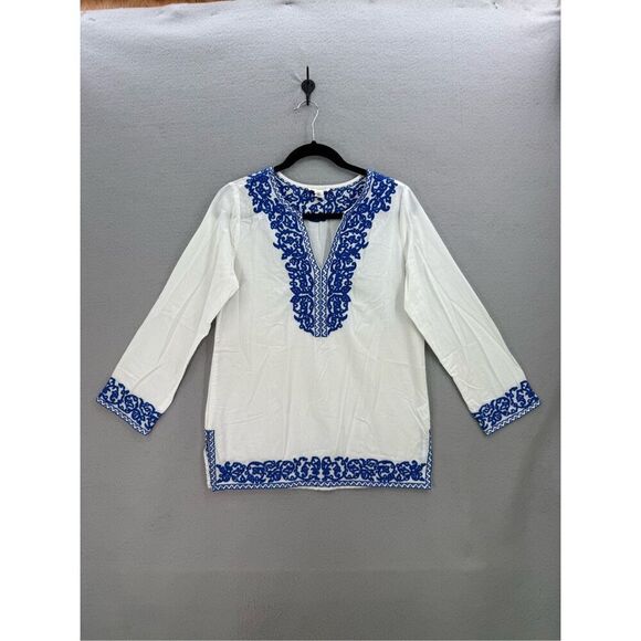 Artisan NY Womens White Blue Embroidered Split Neck Tunic Top Blouse Size Small - Picture 1 of 8